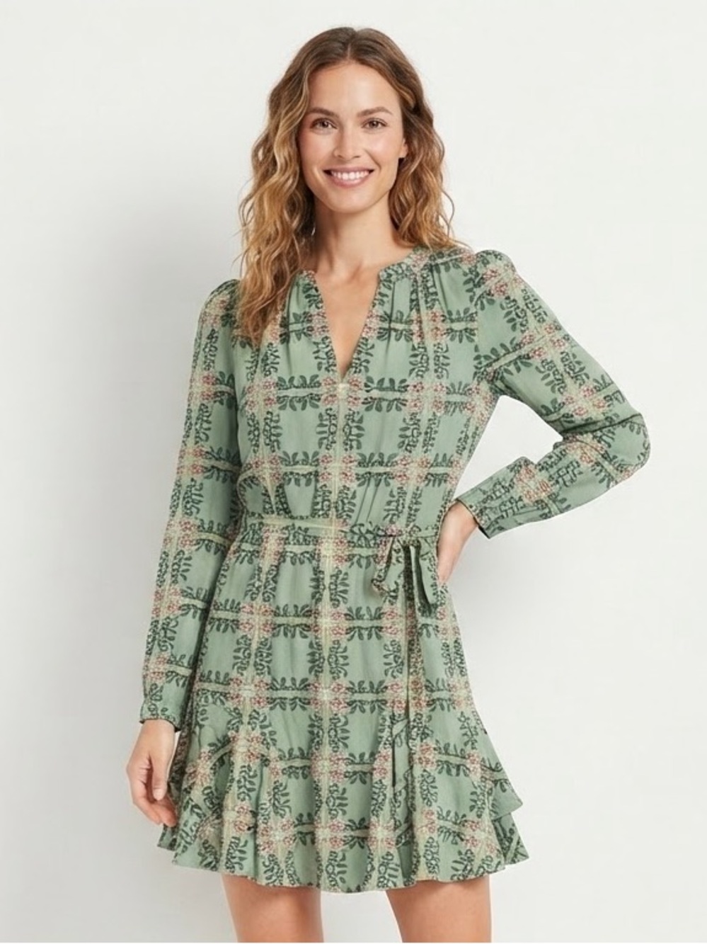 NWT LOFT Green Floral Lattice Long Sleeve Tie-Waist Ruffle Hem Mini Dress Small
